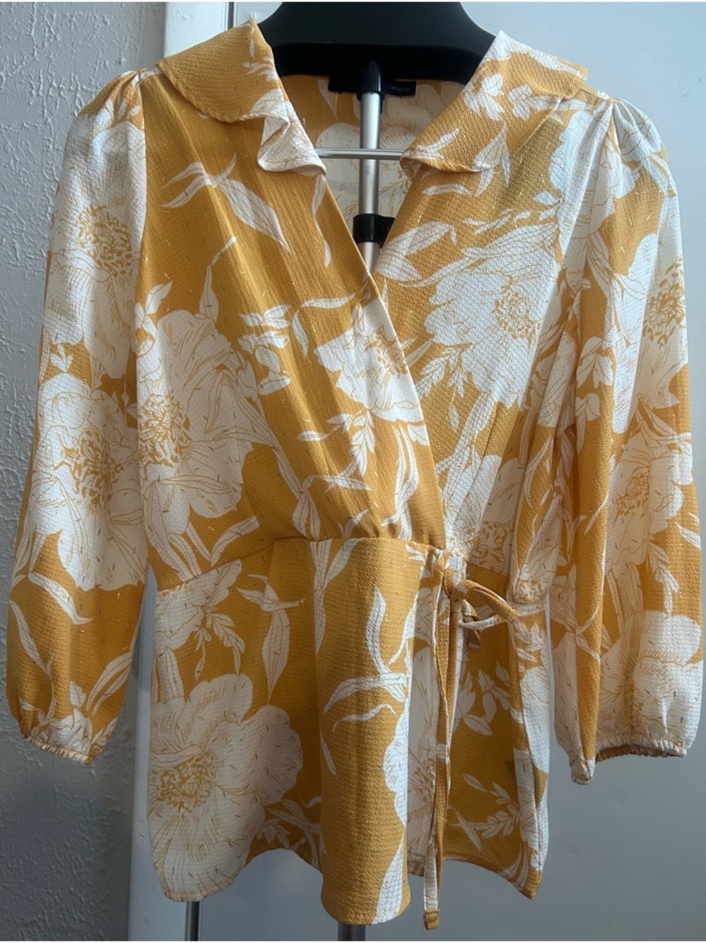 Harve Benard Mustard Yellow and White Floral Wrap Blouse